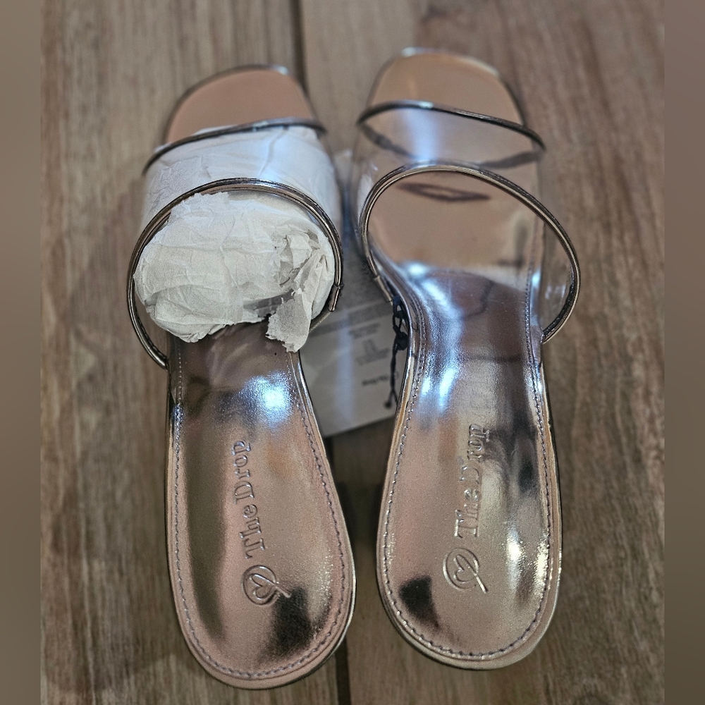 The Drop Clear Strap Block Heel Sandals Sz 10 Pewter Metallic Square Toe Mule. - Picture 5 of 10